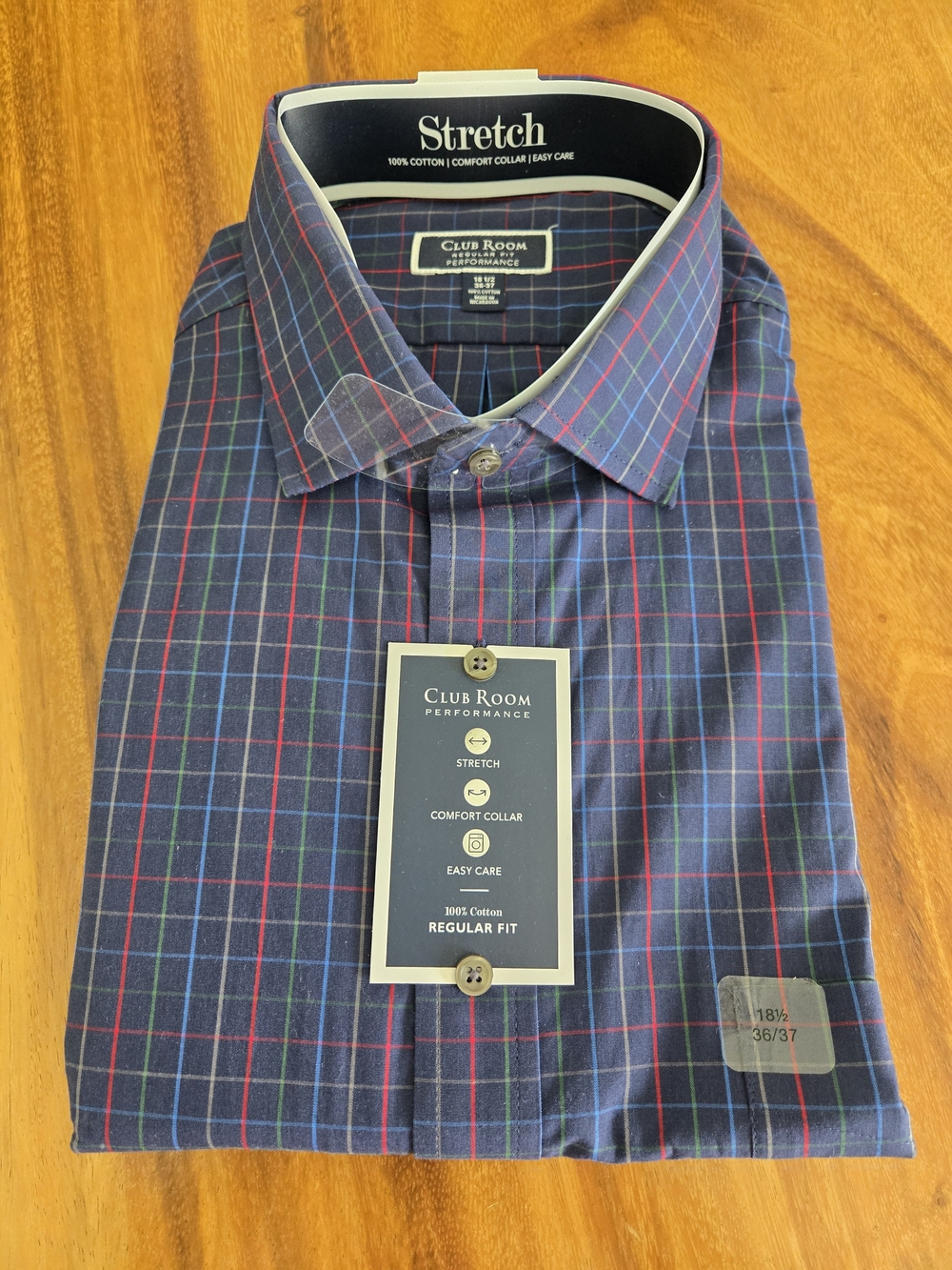 Club Room Navy Plaid Stretch Performance Dress Shirt with Red & Green Windowpane